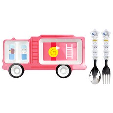 兒童消防車造型美耐皿點心盤+湯匙叉子組, 1套, 白色 + 黃色 + 藍色(湯匙, 叉子), 紅色(餐盤), 餐盤 + 湯匙 + 叉子