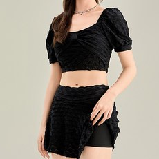 Goodif 女款豐盈感修飾身形裙式兩件式泳裝套組 58007, 黑色