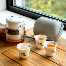 ohubancha 蘭花便攜式茶具茶道組, 1套, 便攜式收納袋 + 茶壺 + 茶杯 3入 + 茶巾, 混合色