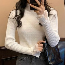 I'M MONG 女款 Matangneu 半高領蕾絲羅紋內搭針織T恤