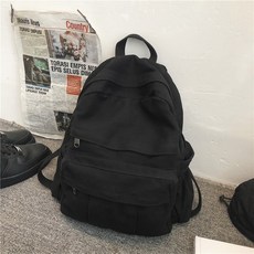Hanttam工作室 復古口袋 復古風 大學生 帆布後揹包, 黑色