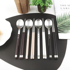 Bogen 韓國製造 方形 Solen 韓式餐具 湯匙筷子 4人組, 黑色, 白色, 深米色, 深櫻桃色, 1套, 湯匙 4p + 筷子 4p