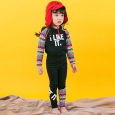 GOING KIDS 童款鋸齒紋防曬泳衣+緊身長泳褲+遮陽帽組