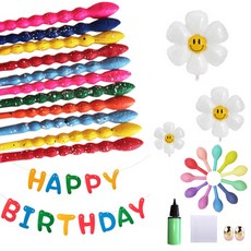 MINITTINE 加厚螺旋圓點長條魔術氣球 + 馬卡龍色氣球 1.5g x 50入 + 微笑花朵3件組 + 毛氈Happy Birthday掛旗 + 打氣筒組合, 隨機出貨(魔術氣球), 隨機出貨(打氣筒), 1套