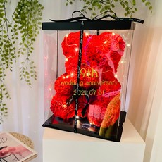 Lovely Farm 花朵熊娃娃 + 專用盒 + 緞帶裝飾 + LED燈泡 + 字母貼紙 全套組 紀念日 L, 紅色, 1個