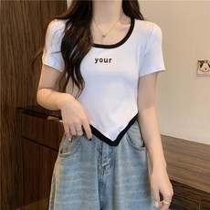 마켓에이 여성용 배색 언밸런스 크롭 반팔티