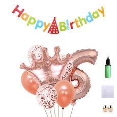 MINITTINE 皇冠派對數字6氣球 玫瑰金 81cm + Happy Birthday彩虹掛旗 + 皇冠氣球 玫瑰金 + 五彩紙屑乳膠氣球 3入 + 乳膠氣球 玫瑰金 2入 + 海綿點膠 + 緞帶 玫瑰金 3入 + 打氣筒 隨機出貨 套組, 混合色, 1套