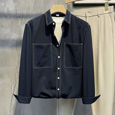 男士時尚簡約縫線修身翻領襯衫開襟衫