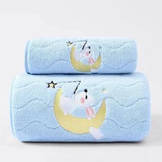 Wonine 波浪設計浴巾 70 x 140 cm + 洗臉毛巾棉紗組, 藍色, 1套