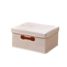 MabelInHome 皮革手把帆布折疊式多功能收納盒 小型, 淺褐色