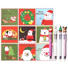 快樂聖誕卡片 9款 + 聖誕6色原子筆 4入組, 混合顏色(卡片), 隨機出貨(原子筆), 1套