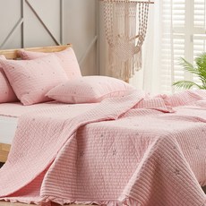 gBEDDING 60支棉水洗波紋星星圖案刺繡薄被+床墊, 粉色