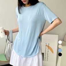 플랜데이 여성용 보들보들 데일리 레이온 스판 반팔 롱 티셔츠