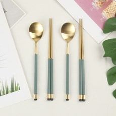 Bogen Square 方柄雙色匙筷組, 湯匙 2支 + 筷子 2雙, 1組, 金色/橄欖綠