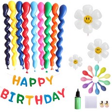 MINITTINE 加厚長條魔法氣球 + 馬卡龍氣球 1.8g x 50p + 3款微笑花朵 + 毛氈Happy Birthday掛旗 + 打氣筒套組, 隨機出貨(魔法氣球), 隨機出貨(打氣筒), 1套