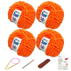 행복뜨기 슈퍼베이비 뜨개실 4p + 바늘 6mm + 돗바늘 + 가죽 라벨 + 목도리 도안 세트, 1세트, 파스텔주황