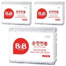 B&B 幼兒棉花棒，100%純棉，柔軟親膚, 200入, 3盒