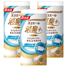 elleair 艾黎艾爾 抑臭+天然淨味捲筒衛生紙，添加天然由來雙重消臭成份，強力消除阿摩尼亞臭，100% 純紙漿, 12捲, 3袋