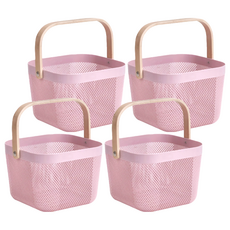 樂嫚妮 木柄手提籃, 塑膠+木質+鐵件材質, 24.6 x 24.2 x 18.2cm, 粉色, 4個