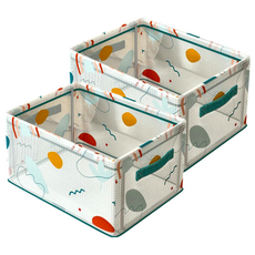 Mass 生活好物 卡通鋼架衣服折疊收納箱 抽屜式衣櫃收納盒 玩具衣物收納盒 收納筐 雜物籃帶提手, 大(40 x 30 x 20cm), B款 幾何植物, 2個