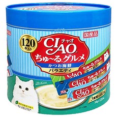 INABA CIAO 啾嚕 燒肉泥桶 SC-212 鰹魚海鮮綜合, 14g x 120入, 大桶包裝設計, 內含3種口味, 綠茶除臭成分, 1.68kg, 1桶