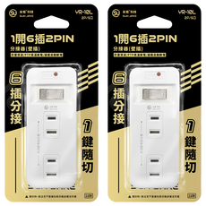 SUN JAKE 永旭電工 1開6插2PIN壁插分接器 YR-10L, 2個, 白色