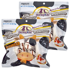 Boneplus 雙色牛奶牛皮骨結4吋,牛奶風味,天然牛皮,耐嚼,潔牙骨,210g,2包, 牛奶