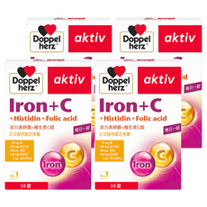 Doppel herz 德之寶 活力美妍錠 鐵+維他命C, 葉酸 維生素B12 組胺酸, 促進鐵質吸收 養顏美容, 30錠, 4盒