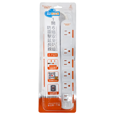PowerSync 包爾星克 1開6插安全防塵防雷擊延長線 3孔, 2.7m, TS6W9027, 1條