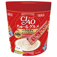 INABA CIAO 啾嚕 肉泥 大滿足美味組合 SC-138, 60本入, 鮪魚 + 吻仔魚 + 干貝/鰹魚 + 柴魚 + 干貝/雞肉 + 柴魚 + 干貝, 840g, 1桶