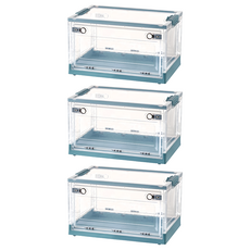 HAPPY ISLAND 三開透明收納箱, 萌萌綠茶色, 25L小號, 38.5x29x23.5cm, 底部帶滾輪, 湛湛藍 + 透明色, 47 x 35 x 23.5cm, 3個