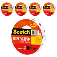 3M Scotch 超強力雙面膠帶, 18mmx5yd, 黏性更強, 適用於厚紙板黏貼 美工用途, 透明色, 5個