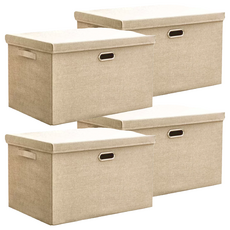 棉麻摺疊收納箱 灰色/米色, 小(32 x 24 x 18cm), 4個