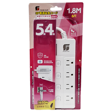 FONG HUA 崶華 按壓式5開4插3芯延長用電源線組 最大突波吸收電量: 1200A 台灣製造, 1.8m, 白色, 1條