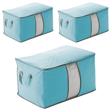 E.dot 竹炭棉被衣物收納袋 橫式, 藍色, 3個