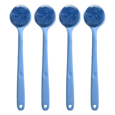 新升級好好握矽膠洗澡刷 輕量款, 食品級矽膠安全材質, 防滑手柄設計, 規格: 38x8x3.5cm, 重量: 約130g, 莫蘭迪藍, 1支, 4支
