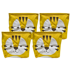 動物造型棉麻收納籃 內層防水塗層 可摺疊收納, 33 x 33 x 33cm, 老虎, 4個