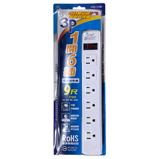 spirit 電精靈 MAX 1650W 125V 15A 1開6插 3P 平貼插頭 電腦延長線, 2.7m, 白色, 1條