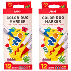 AMOS 阿摩司 可水洗彩色筆 軟硬雙頭 COLOR DUO MARKER, 12色, 2盒