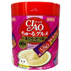 INABA CIAO 啾嚕 燒肉泥桶 Set, 內含3種口味, 綠茶除臭成分配方, 60本入, 鮪魚 + 鰹魚綜合, 840g, 1桶