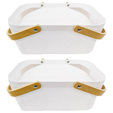 北歐簡約風木把手收納提籃 雙把手款 白色, 40 x 21 x 18cm, 2個