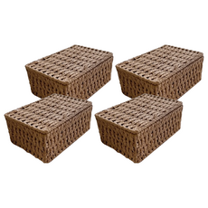 紙編麻繩翻蓋收納籃, 22 x 16 x 10.5cm, 藤編風 棕色, 4個