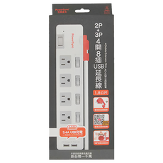 PowerSync 包爾星克 4開8插 防雷擊抗搖擺USB延長線 2孔+3孔, 1.8m, TR829018, 1個