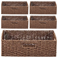 編織收納籃 手工編織紋路 三面提把 搬運便利, 38x26x12cm, 咖色, 5個