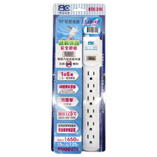 BC 博銓 1開關6插座螺絲掛孔延長線, 型號KTC-316, 1650W Max, 15A AC 125V, 90°貼壁插頭, 過載保護, 1.2m, 白色, 1個