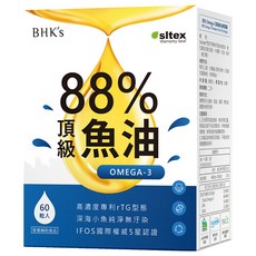 BHK's 88% Omega-3 頂級魚油軟膠囊, 專利rTG型, IFOS五星認證, 西班牙大廠Solutex頂級魚油, 60顆, 1盒