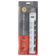 PowerSync 群加 7開6插防雷擊抗搖擺加大間距延長用電源線組 3孔 TS76B918 479g, 1.8m, 白色, 1條