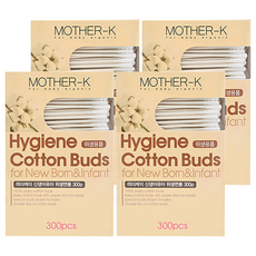 MOTHER-K 100%純棉 兩用棉花棒 嬰兒/新生兒適用 安全棉花棒 300支, 4盒