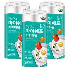 Hello Products My chef 捲筒式廚房紙巾 100%無螢光紙漿, 150張, 8捲, 3袋