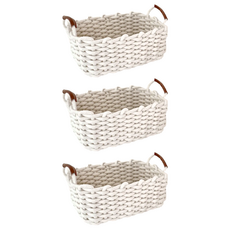 編織收納籃, 棉繩編織, 環保材質, 防潮防霉, 大容量, 衣物收納, 升級皮革提把, 大(31 x 21 x 16cm), 奶霜白, 3個